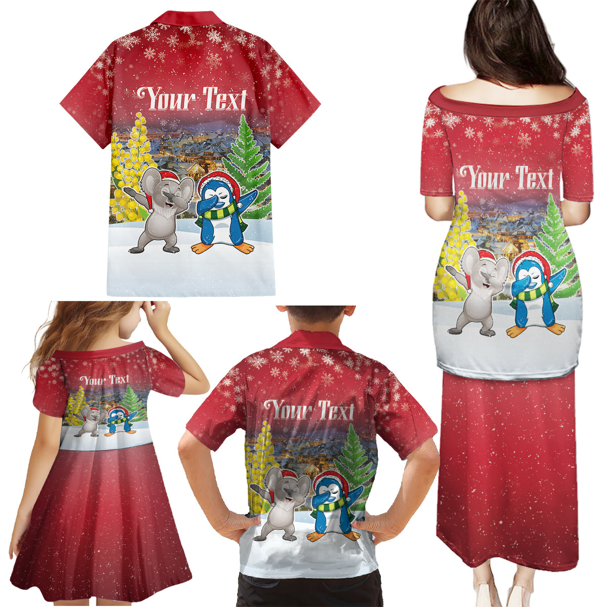 Personalised Christmas In July Family Matching Puletasi and Hawaiian Shirt Funny Dabbing Dance Koala And Blue Penguins