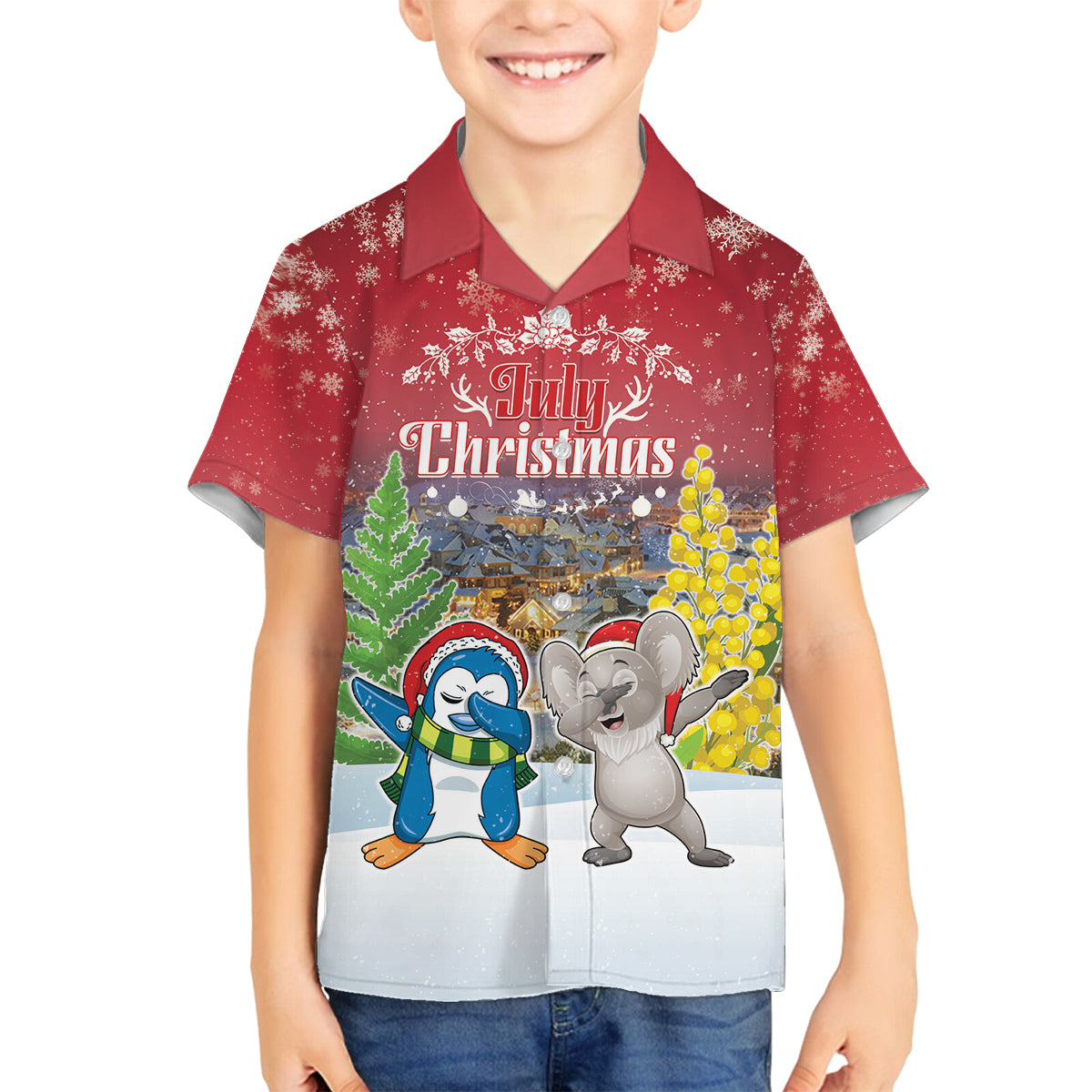 Personalised Christmas In July Family Matching Puletasi and Hawaiian Shirt Funny Dabbing Dance Koala And Blue Penguins
