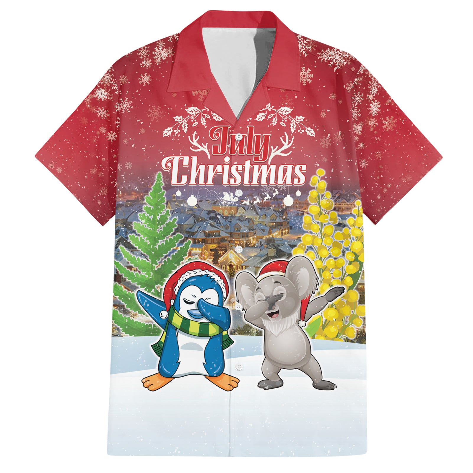 Personalised Christmas In July Family Matching Short Sleeve Bodycon Dress and Hawaiian Shirt Funny Dabbing Dance Koala And Blue Penguins