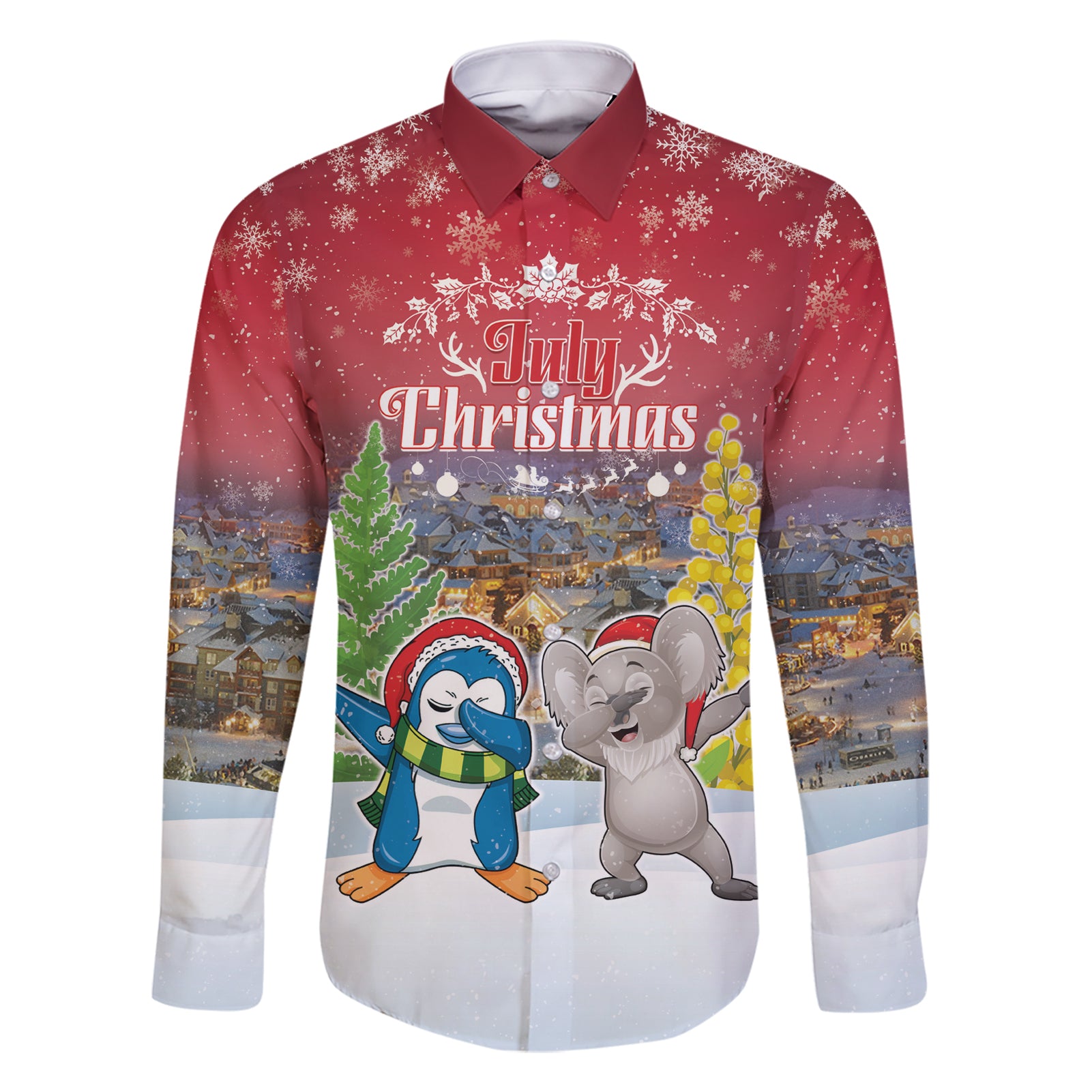 Personalised Christmas In July Family Matching Short Sleeve Bodycon Dress and Hawaiian Shirt Funny Dabbing Dance Koala And Blue Penguins