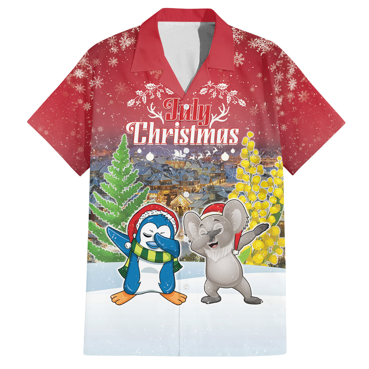 Personalised Christmas In July Family Matching Summer Maxi Dress and Hawaiian Shirt Funny Dabbing Dance Koala And Blue Penguins