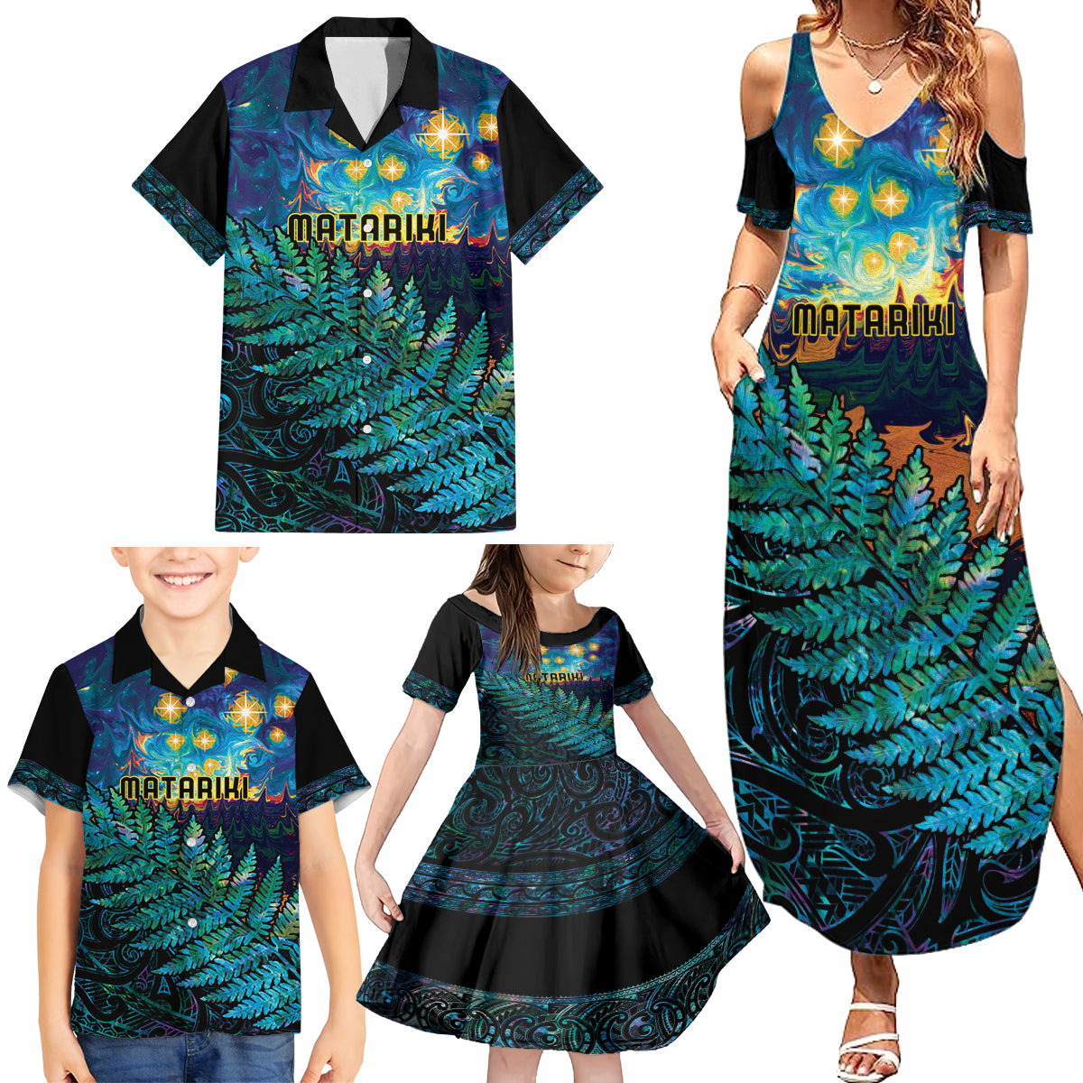 Matariki Te Tau Hou Maori Family Matching Summer Maxi Dress and Hawaiian Shirt New Zealand Silver Fern Night Starry Sky