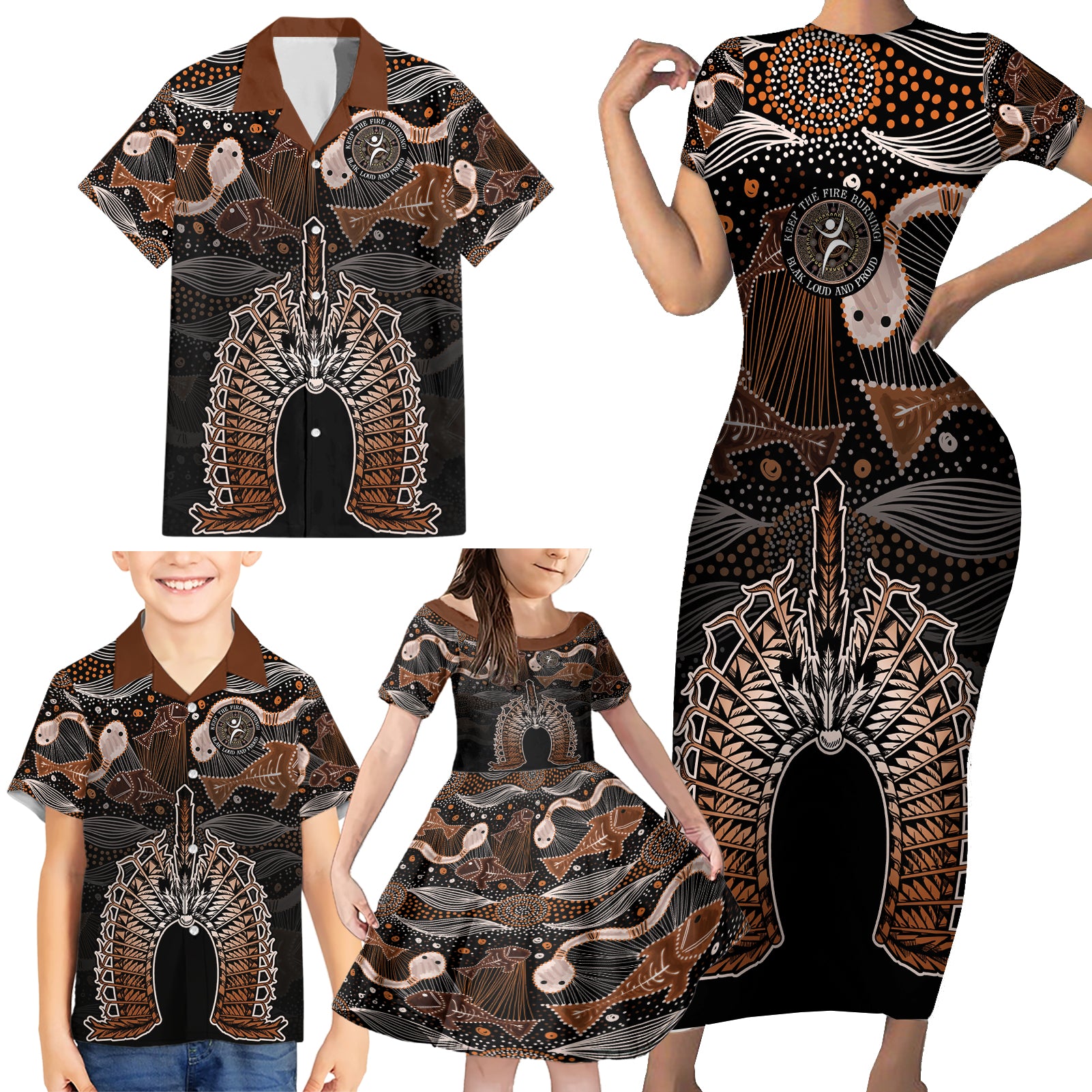 Torres Strait Islander NAIDOC 2024 Family Matching Short Sleeve Bodycon Dress and Hawaiian Shirt Dhari Headdress Indigenous Cultural Spirit