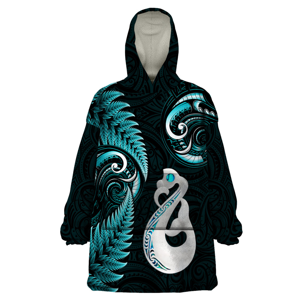 personalised-new-zealand-wearable-blanket-hoodie-aotearoa-silver-fern-with-manaia-maori-unique-turquoise