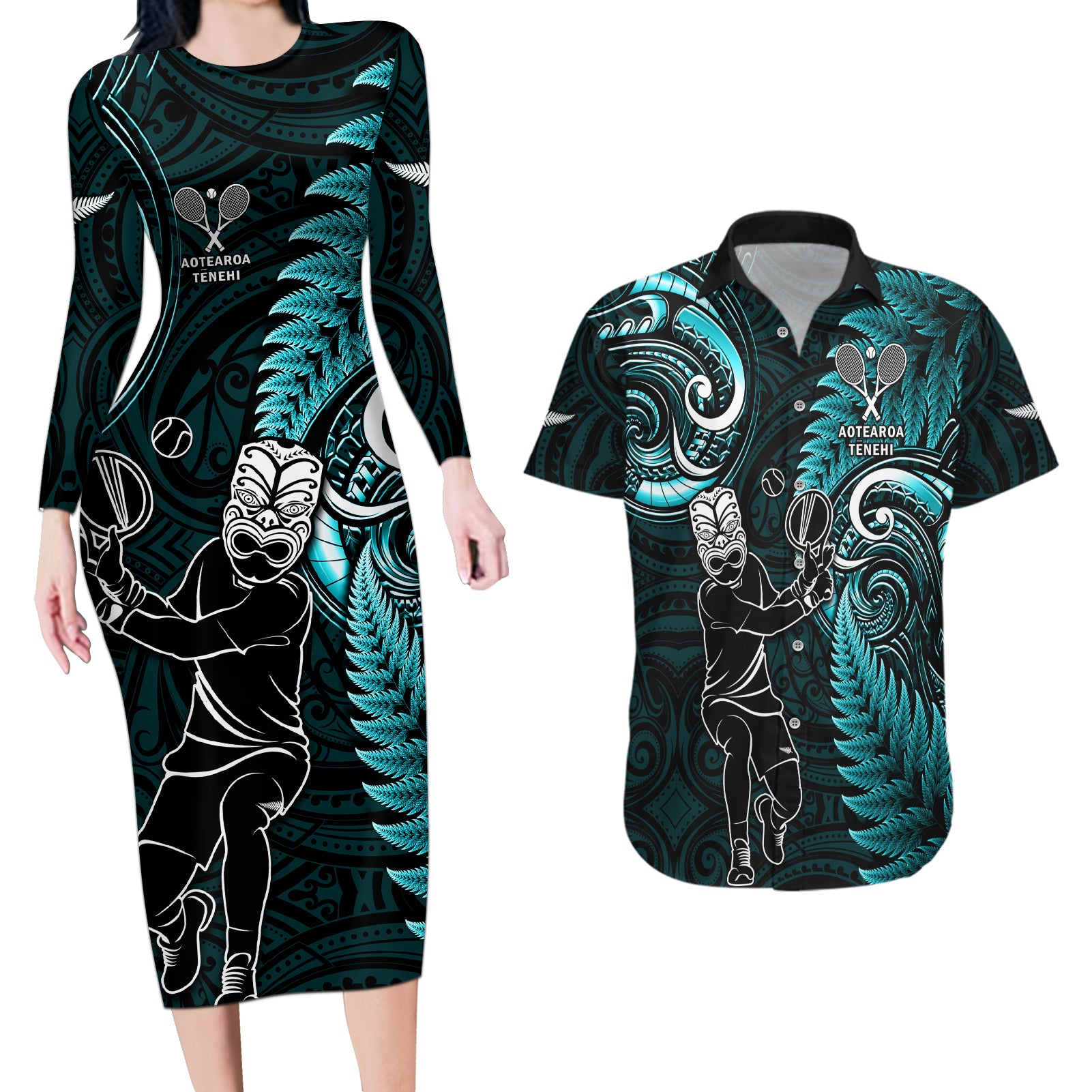 Custom New Zealand Tiki Tennis Couples Matching Long Sleeve Bodycon Dress and Hawaiian Shirt 2024 Aotearoa Tenehi Maori Silver Fern - Turquoise