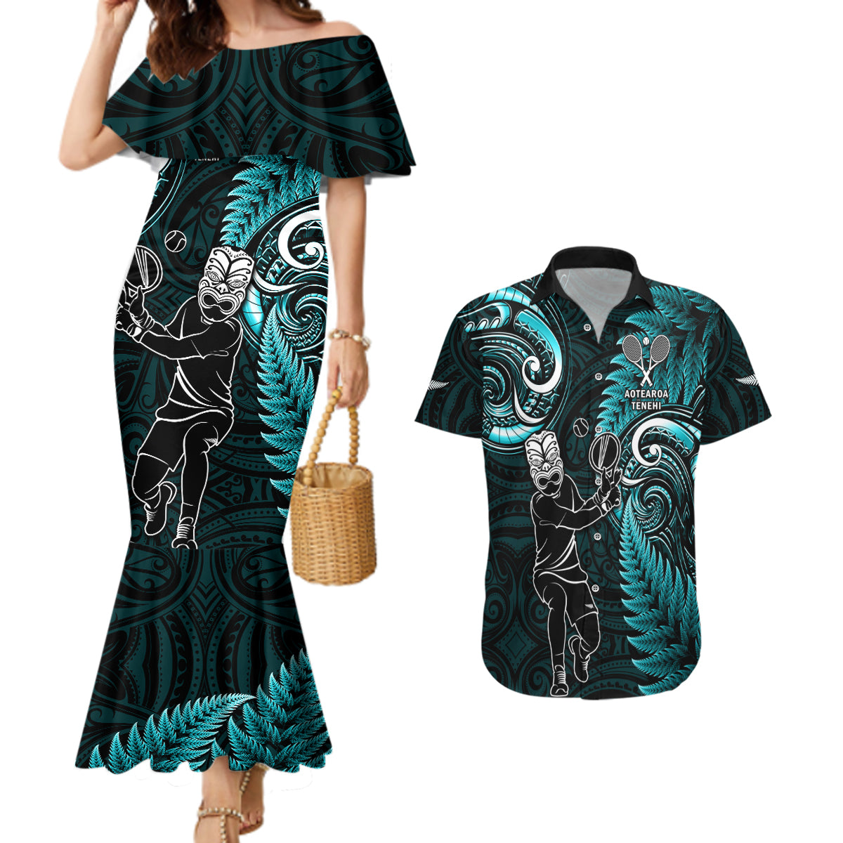Custom New Zealand Tiki Tennis Couples Matching Mermaid Dress and Hawaiian Shirt 2024 Aotearoa Tenehi Maori Silver Fern - Turquoise