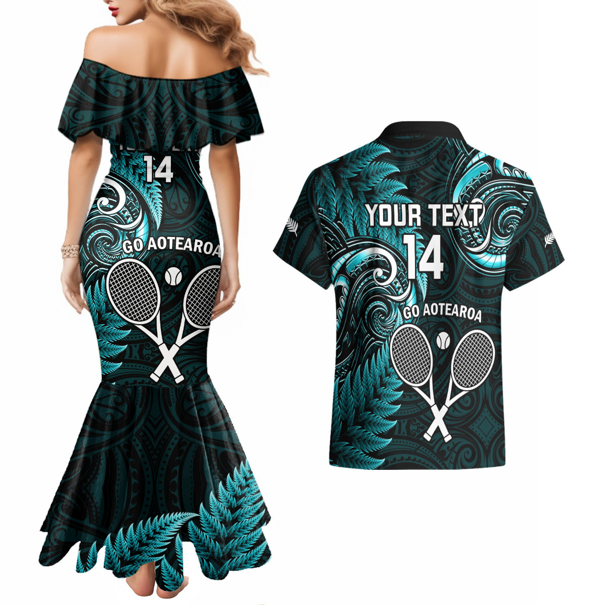Custom New Zealand Tiki Tennis Couples Matching Mermaid Dress and Hawaiian Shirt 2024 Aotearoa Tenehi Maori Silver Fern - Turquoise