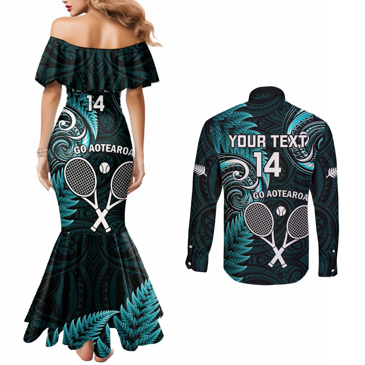 Custom New Zealand Tiki Tennis Couples Matching Mermaid Dress and Long Sleeve Button Shirt 2024 Aotearoa Tenehi Maori Silver Fern - Turquoise