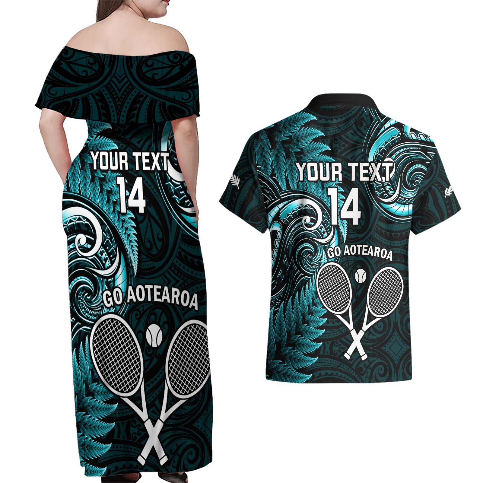 Custom New Zealand Tiki Tennis Couples Matching Off Shoulder Maxi Dress and Hawaiian Shirt 2024 Aotearoa Tenehi Maori Silver Fern - Turquoise