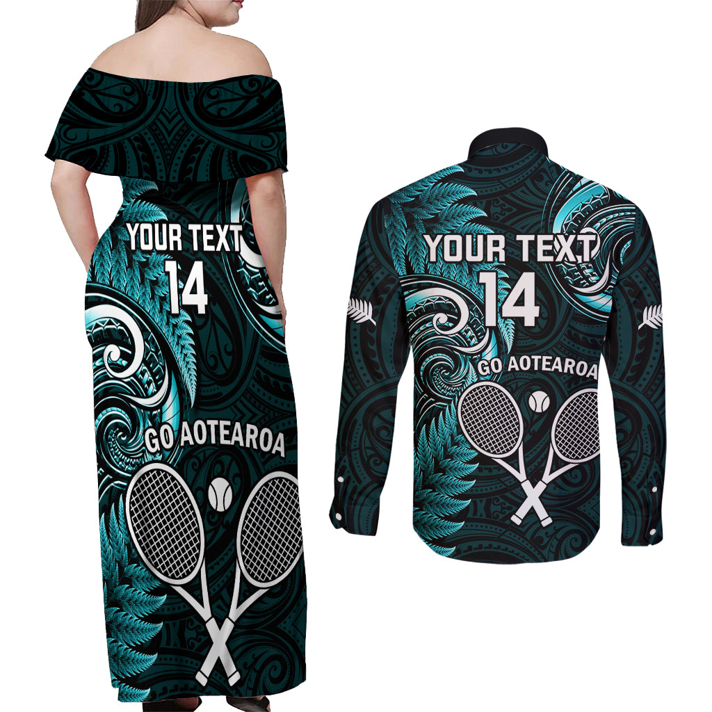 Custom New Zealand Tiki Tennis Couples Matching Off Shoulder Maxi Dress and Long Sleeve Button Shirt 2024 Aotearoa Tenehi Maori Silver Fern - Turquoise
