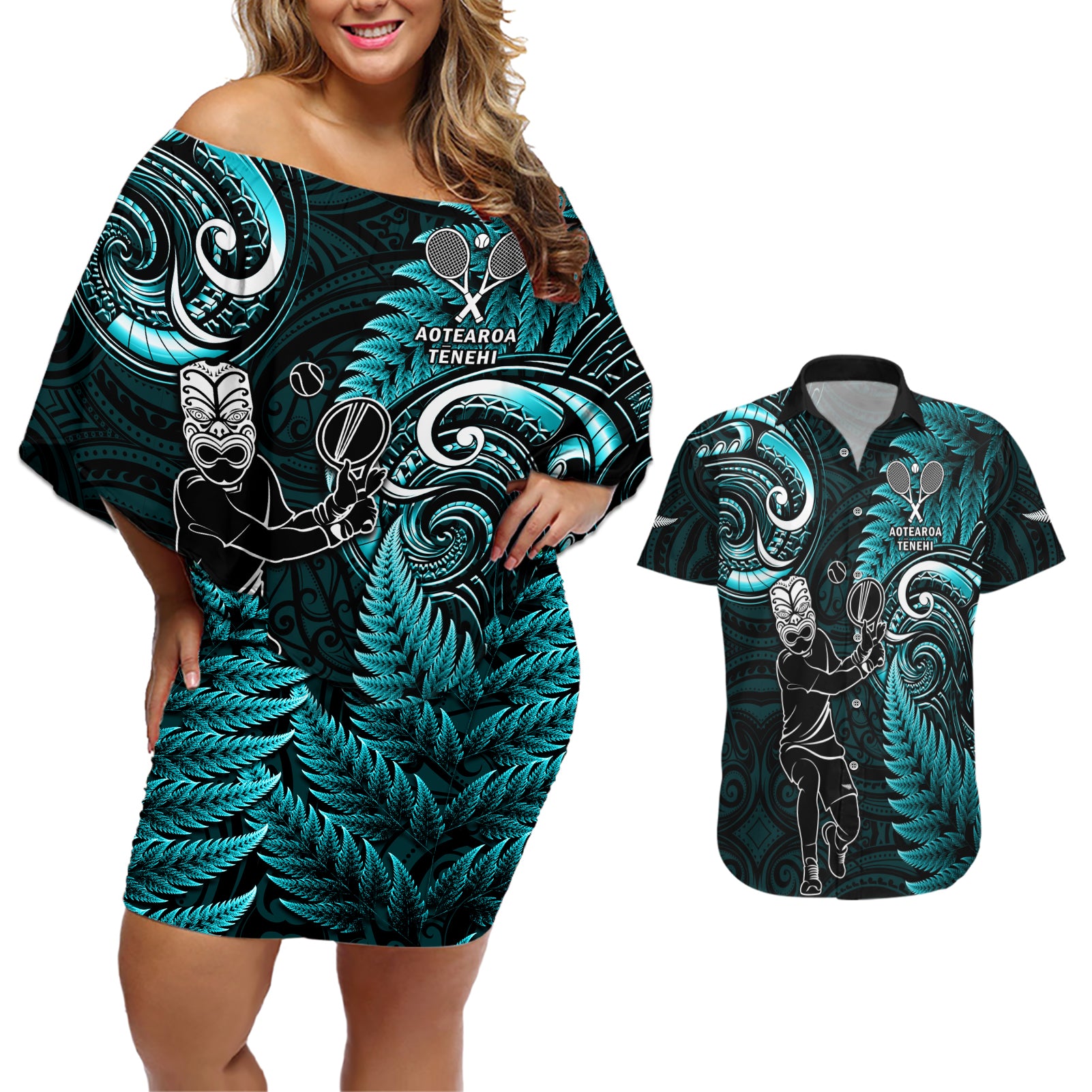 Custom New Zealand Tiki Tennis Couples Matching Off Shoulder Short Dress and Hawaiian Shirt 2024 Aotearoa Tenehi Maori Silver Fern - Turquoise