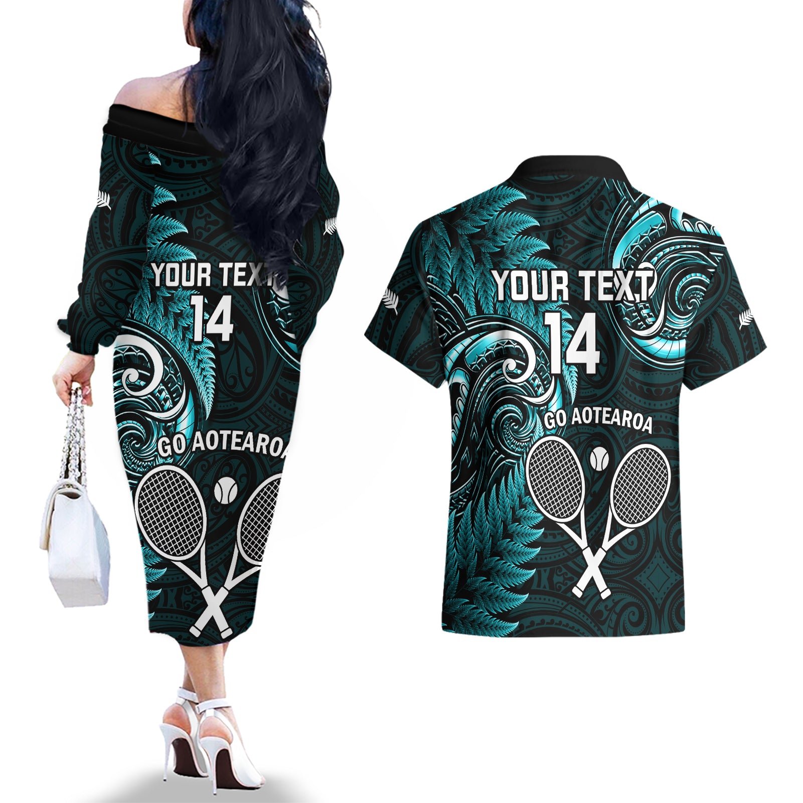 Custom New Zealand Tiki Tennis Couples Matching Off The Shoulder Long Sleeve Dress and Hawaiian Shirt 2024 Aotearoa Tenehi Maori Silver Fern - Turquoise
