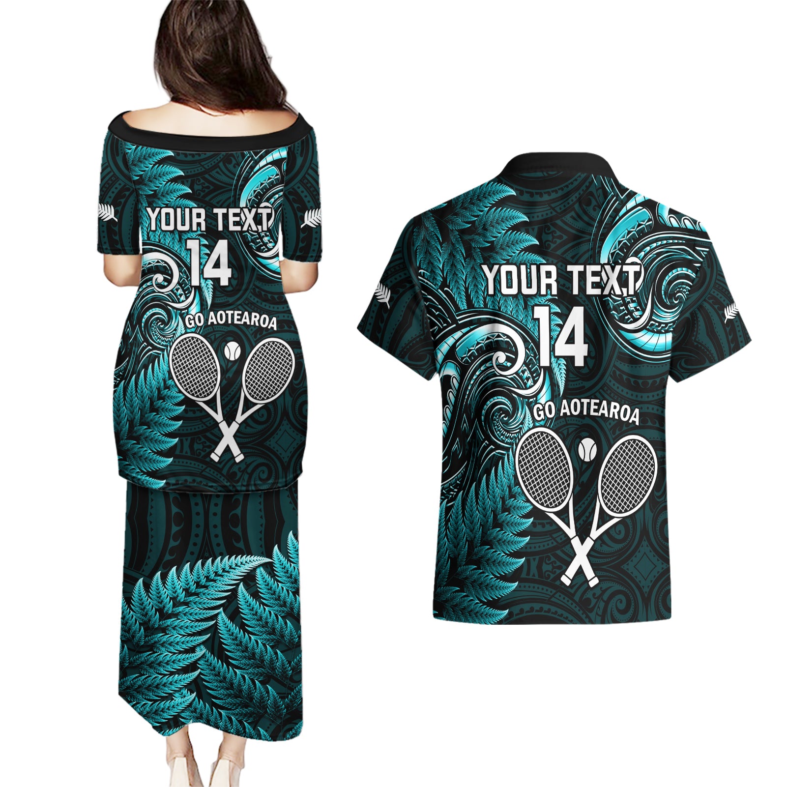 Custom New Zealand Tiki Tennis Couples Matching Puletasi and Hawaiian Shirt 2024 Aotearoa Tenehi Maori Silver Fern - Turquoise