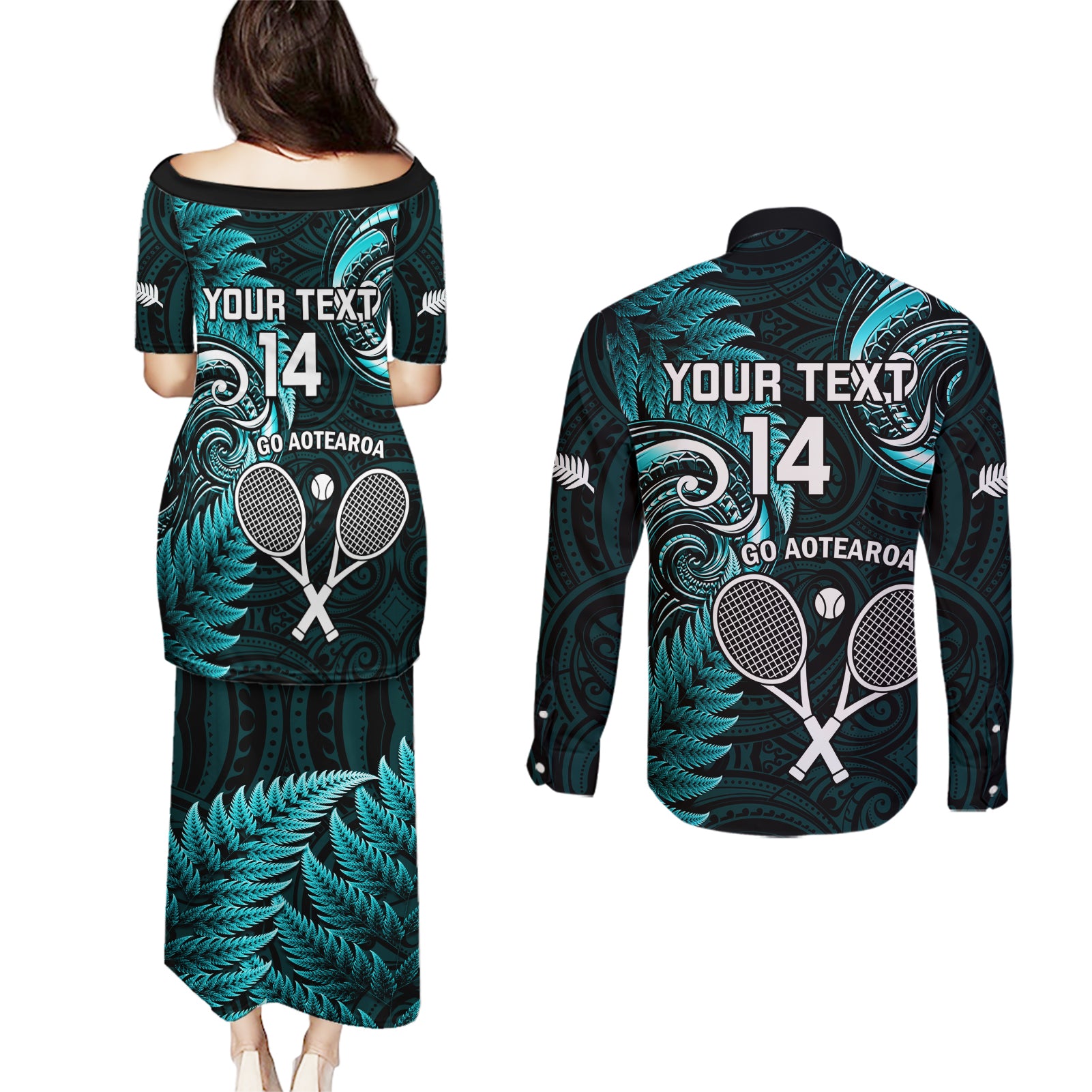 Custom New Zealand Tiki Tennis Couples Matching Puletasi and Long Sleeve Button Shirt 2024 Aotearoa Tenehi Maori Silver Fern - Turquoise