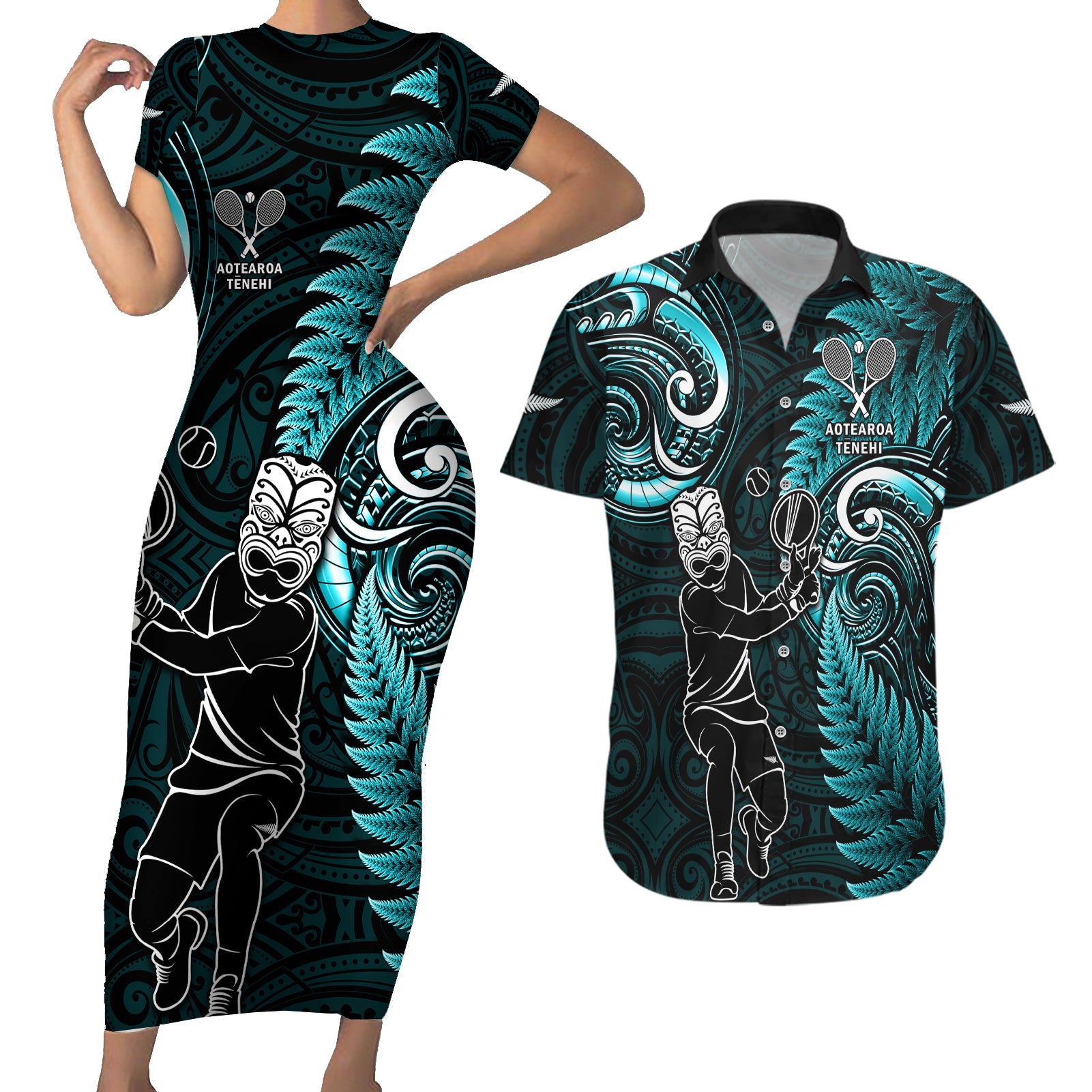 Custom New Zealand Tiki Tennis Couples Matching Short Sleeve Bodycon Dress and Hawaiian Shirt 2024 Aotearoa Tenehi Maori Silver Fern - Turquoise