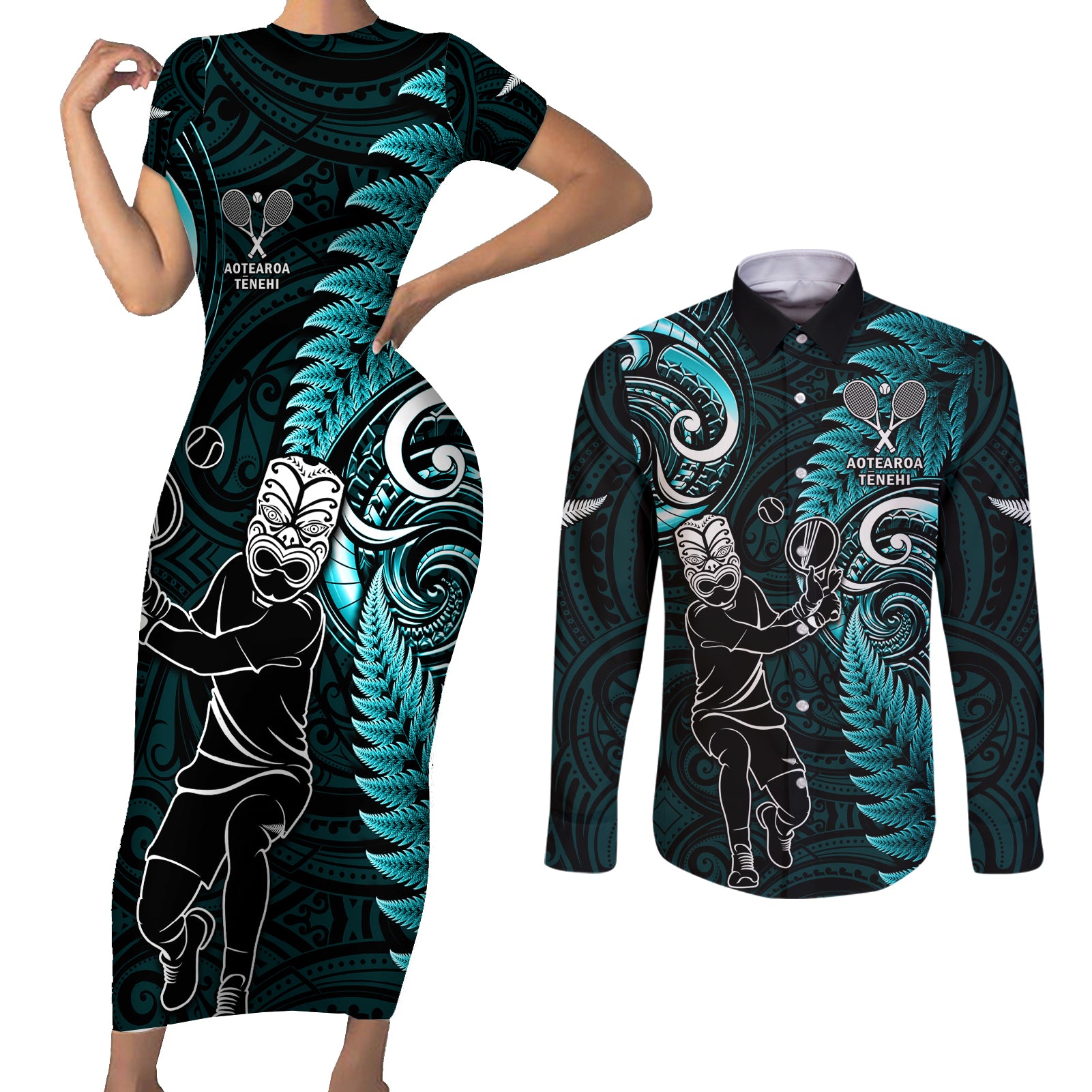 Custom New Zealand Tiki Tennis Couples Matching Short Sleeve Bodycon Dress and Long Sleeve Button Shirt 2024 Aotearoa Tenehi Maori Silver Fern - Turquoise