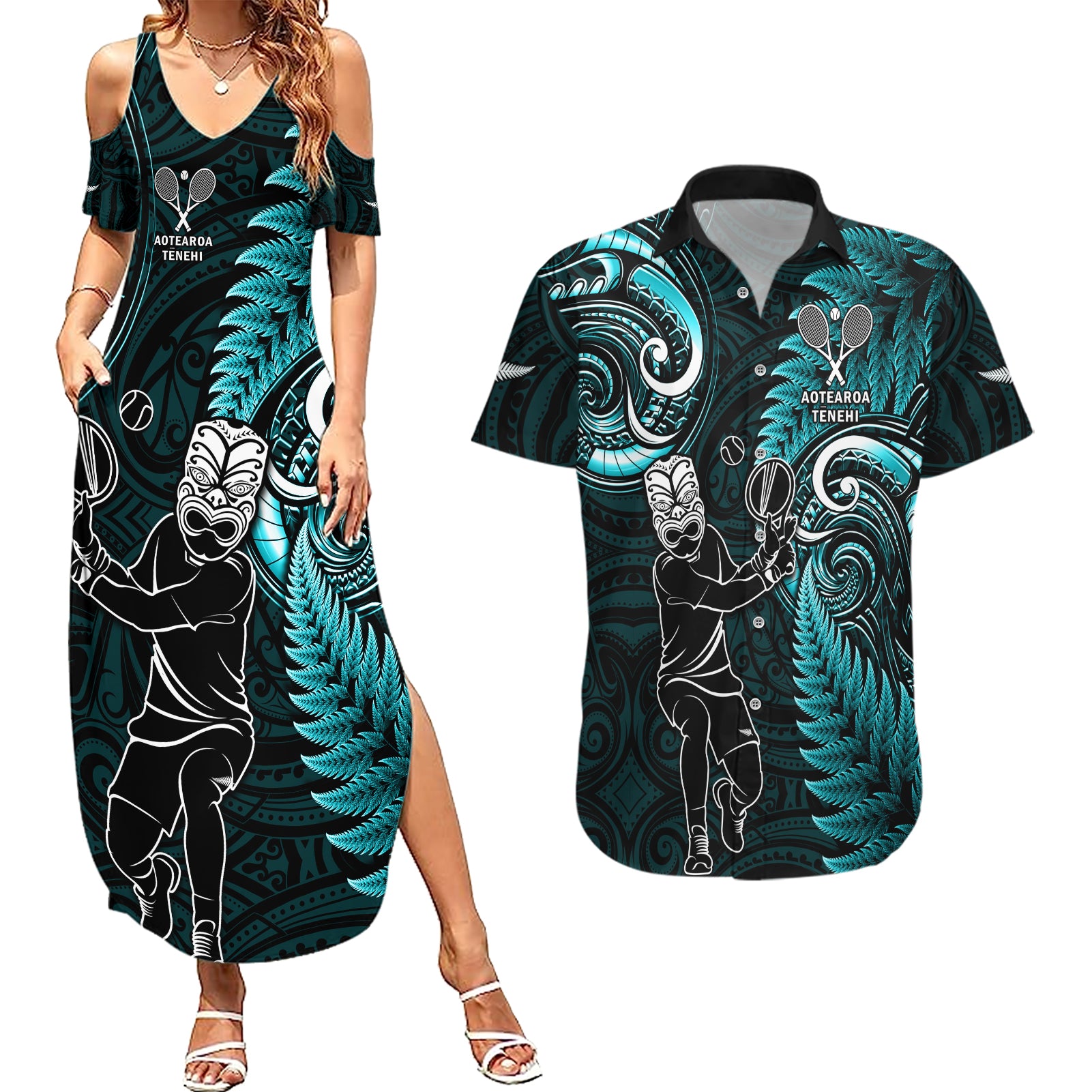 Custom New Zealand Tiki Tennis Couples Matching Summer Maxi Dress and Hawaiian Shirt 2024 Aotearoa Tenehi Maori Silver Fern - Turquoise
