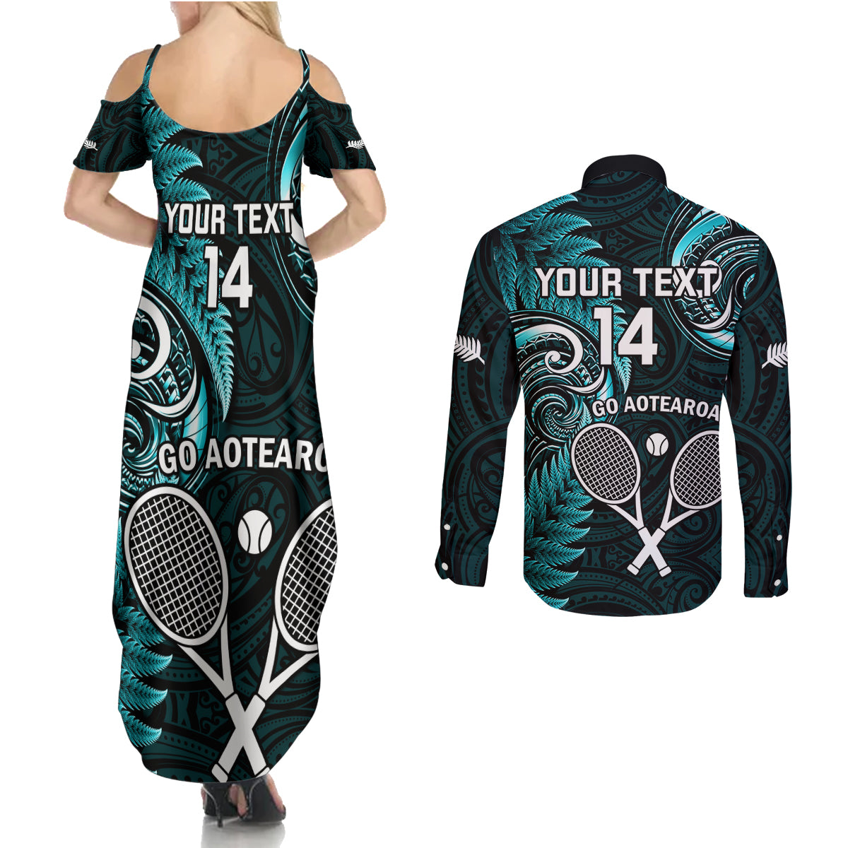 Custom New Zealand Tiki Tennis Couples Matching Summer Maxi Dress and Long Sleeve Button Shirt 2024 Aotearoa Tenehi Maori Silver Fern - Turquoise