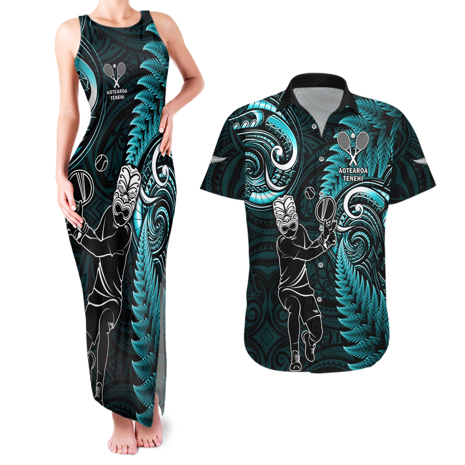 Custom New Zealand Tiki Tennis Couples Matching Tank Maxi Dress and Hawaiian Shirt 2024 Aotearoa Tenehi Maori Silver Fern - Turquoise