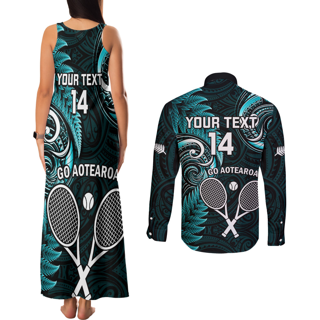 Custom New Zealand Tiki Tennis Couples Matching Tank Maxi Dress and Long Sleeve Button Shirt 2024 Aotearoa Tenehi Maori Silver Fern - Turquoise