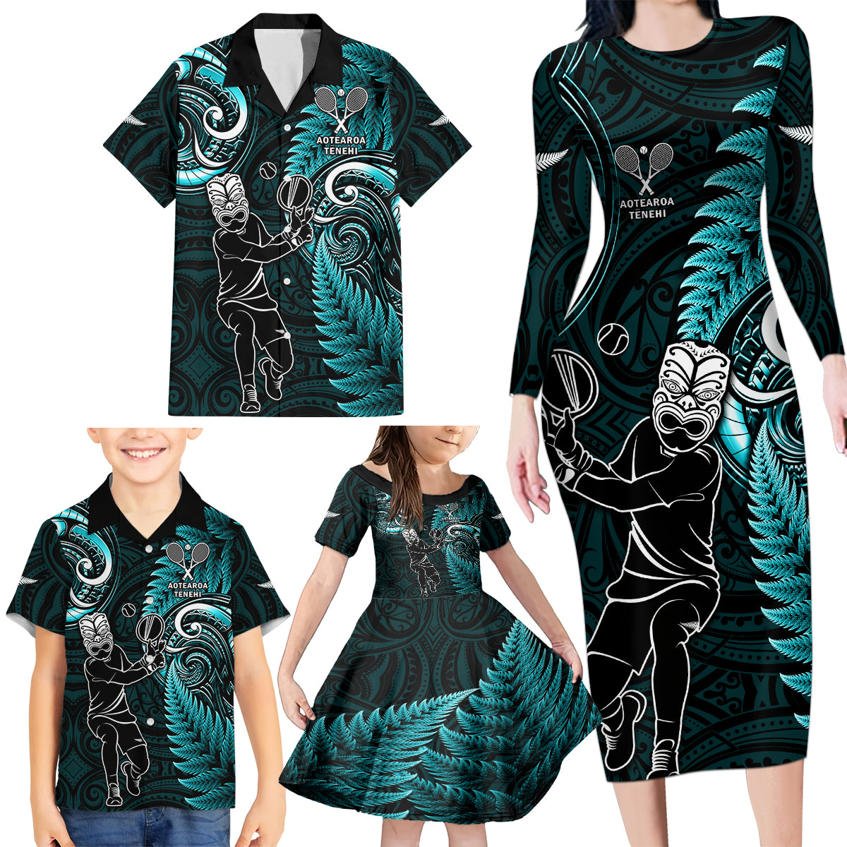 Custom New Zealand Tiki Tennis Family Matching Long Sleeve Bodycon Dress and Hawaiian Shirt 2024 Aotearoa Tenehi Maori Silver Fern - Turquoise