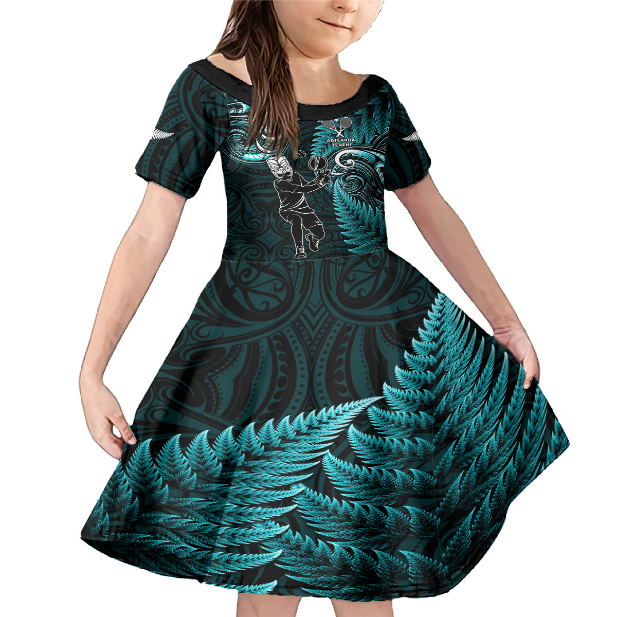 Custom New Zealand Tiki Tennis Family Matching Mermaid Dress and Hawaiian Shirt 2024 Aotearoa Tenehi Maori Silver Fern - Turquoise