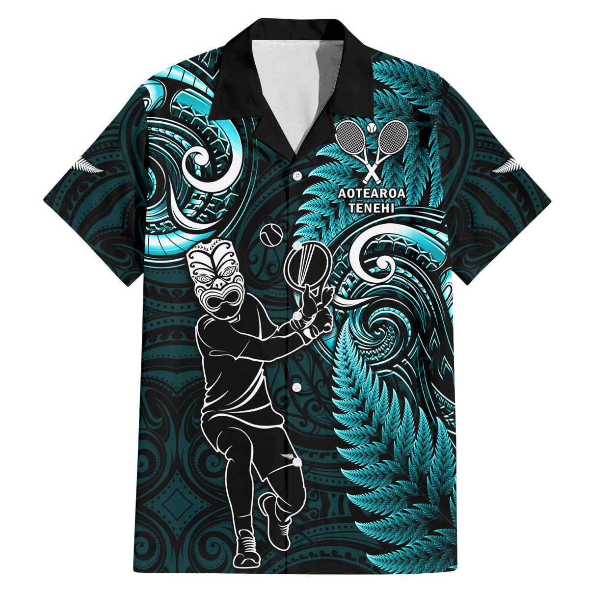 Custom New Zealand Tiki Tennis Family Matching Mermaid Dress and Hawaiian Shirt 2024 Aotearoa Tenehi Maori Silver Fern - Turquoise