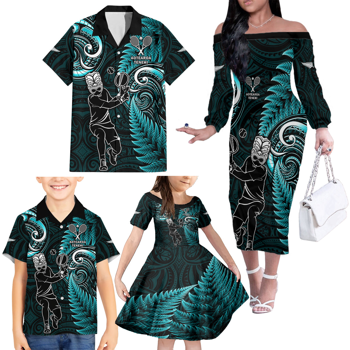 Custom New Zealand Tiki Tennis Family Matching Off Shoulder Long Sleeve Dress and Hawaiian Shirt 2024 Aotearoa Tenehi Maori Silver Fern - Turquoise