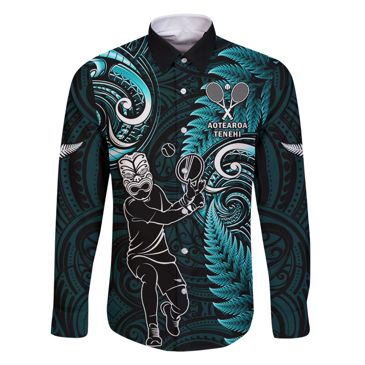 Custom New Zealand Tiki Tennis Family Matching Off Shoulder Maxi Dress and Hawaiian Shirt 2024 Aotearoa Tenehi Maori Silver Fern - Turquoise