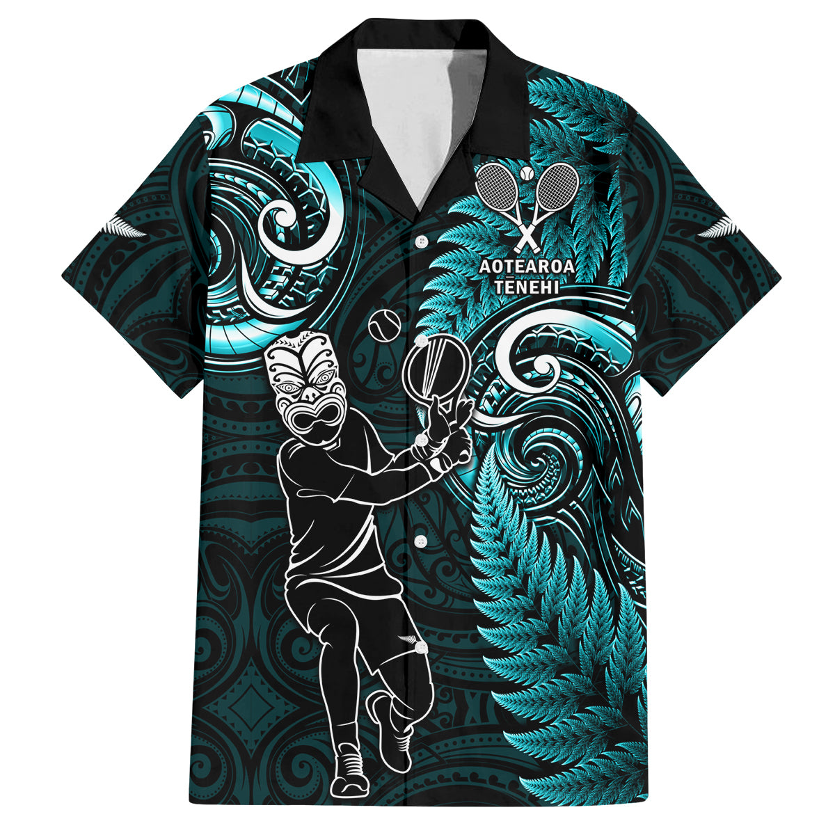 Custom New Zealand Tiki Tennis Family Matching Off Shoulder Short Dress and Hawaiian Shirt 2024 Aotearoa Tenehi Maori Silver Fern - Turquoise