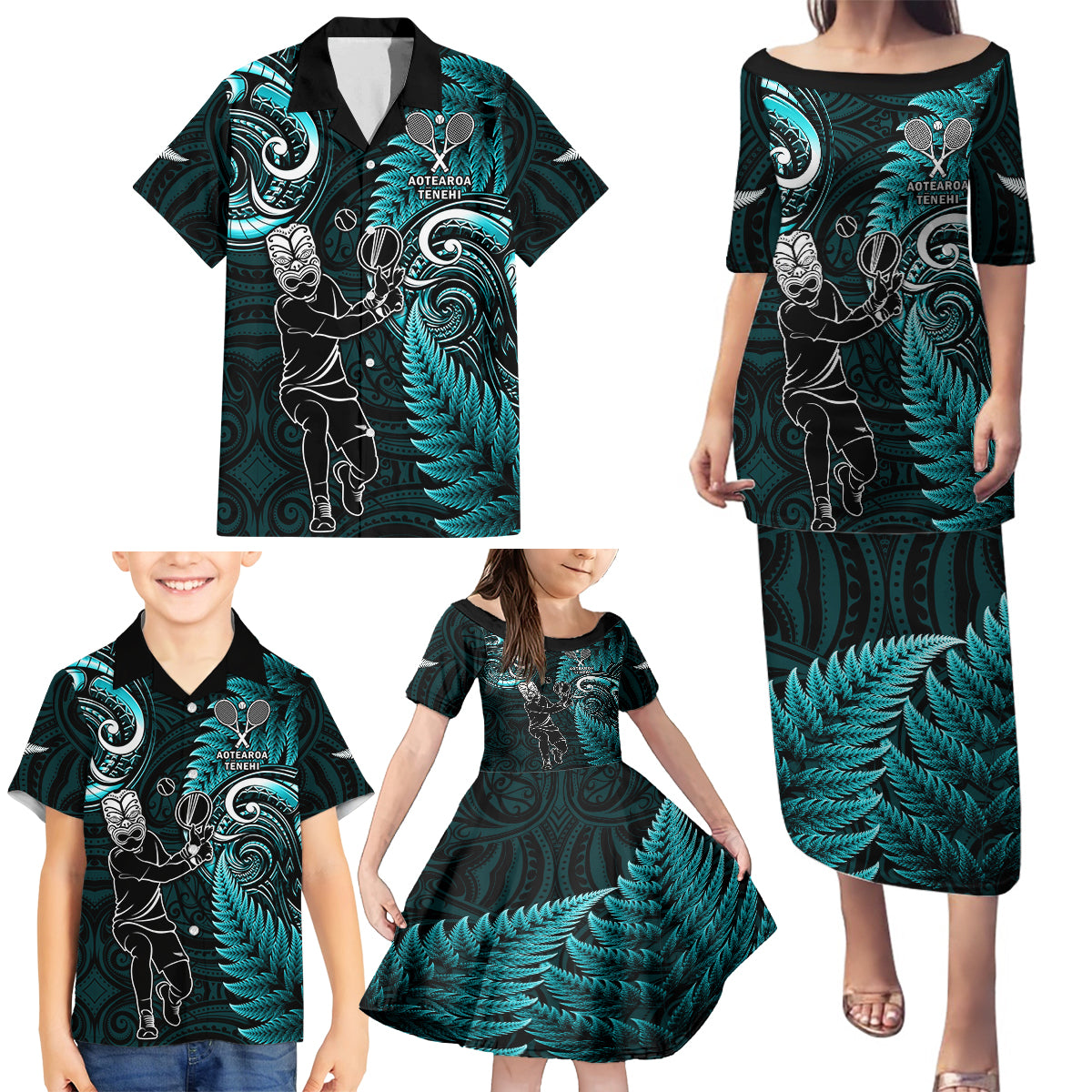 Custom New Zealand Tiki Tennis Family Matching Puletasi and Hawaiian Shirt 2024 Aotearoa Tenehi Maori Silver Fern - Turquoise