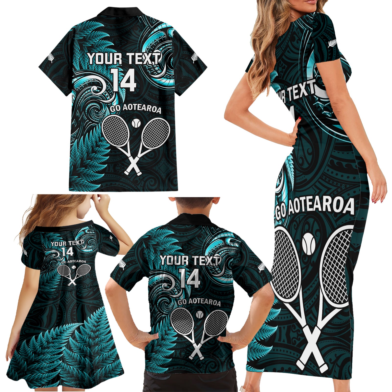 Custom New Zealand Tiki Tennis Family Matching Short Sleeve Bodycon Dress and Hawaiian Shirt 2024 Aotearoa Tenehi Maori Silver Fern - Turquoise