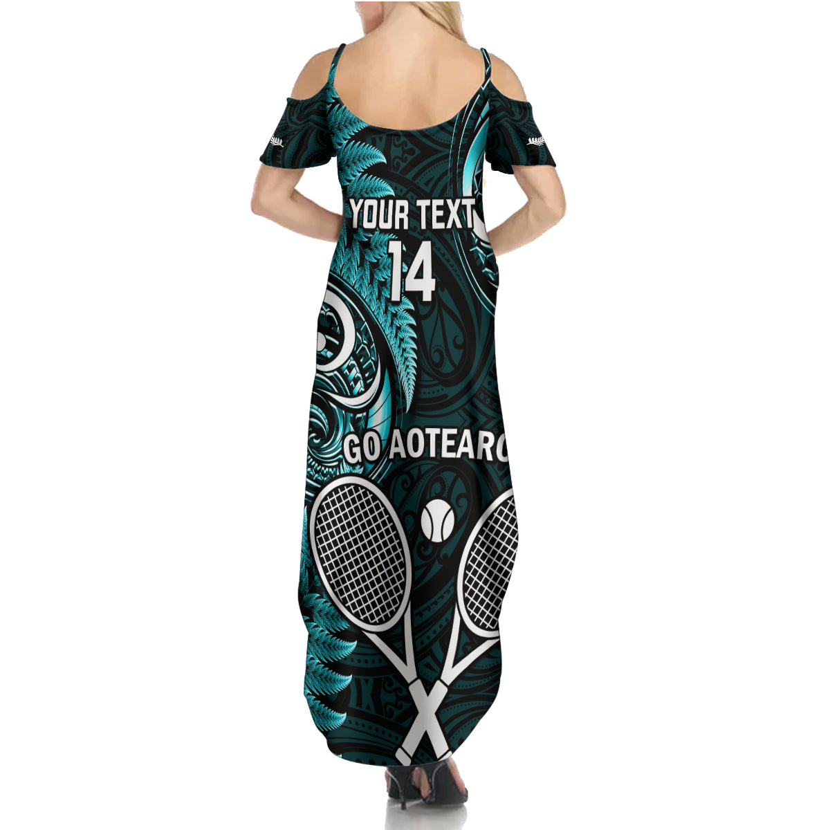 Custom New Zealand Tiki Tennis Family Matching Summer Maxi Dress and Hawaiian Shirt 2024 Aotearoa Tenehi Maori Silver Fern - Turquoise