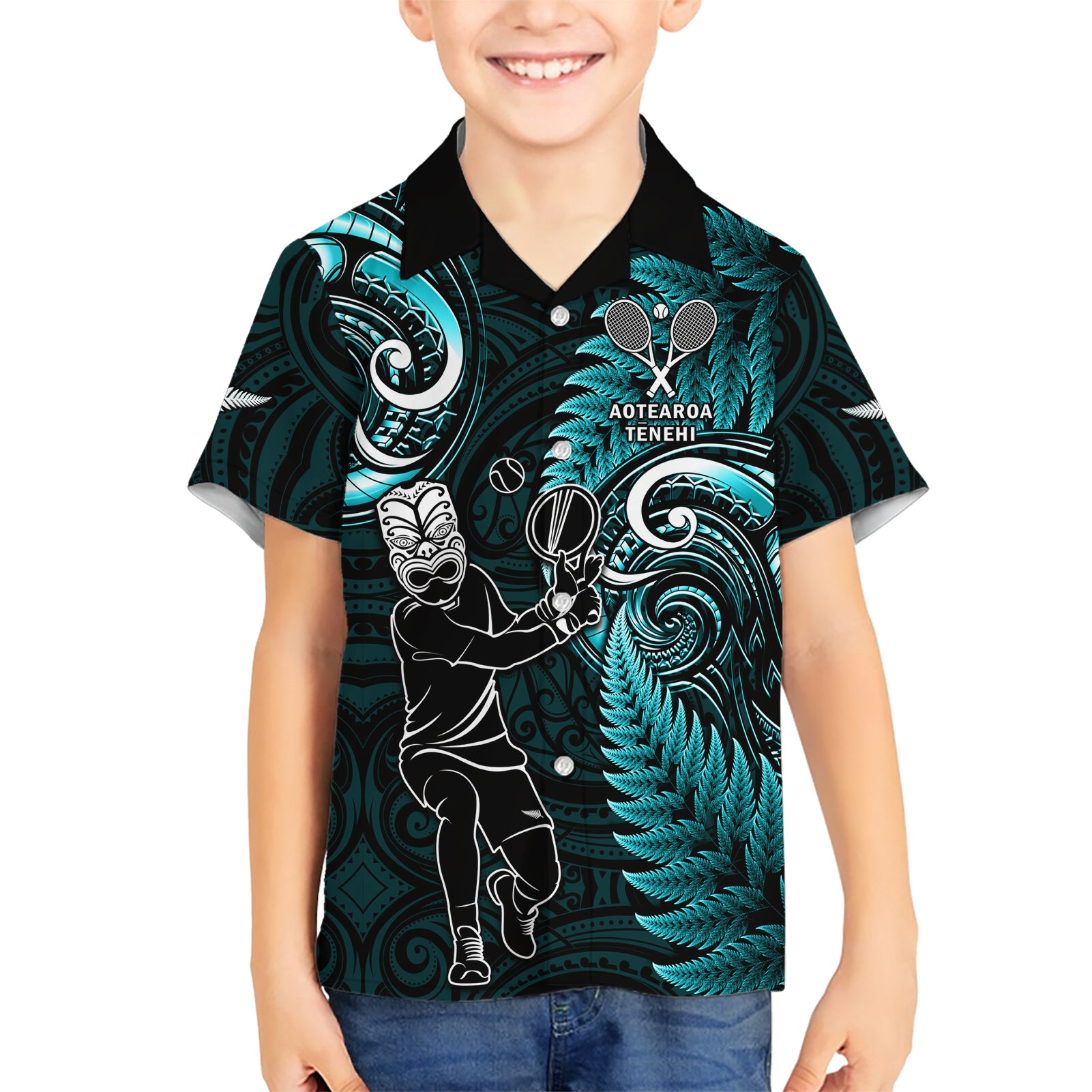 Custom New Zealand Tiki Tennis Kid Hawaiian Shirt 2024 Aotearoa Tenehi Maori Silver Fern - Turquoise