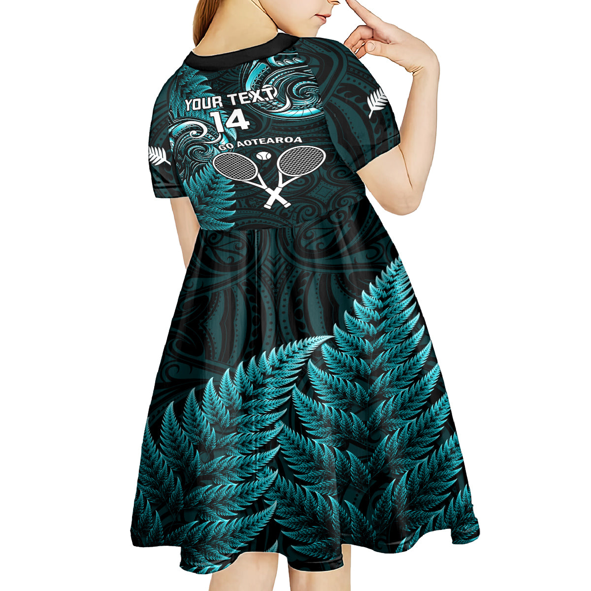 Custom New Zealand Tiki Tennis Kid Short Sleeve Dress 2024 Aotearoa Tenehi Maori Silver Fern - Turquoise