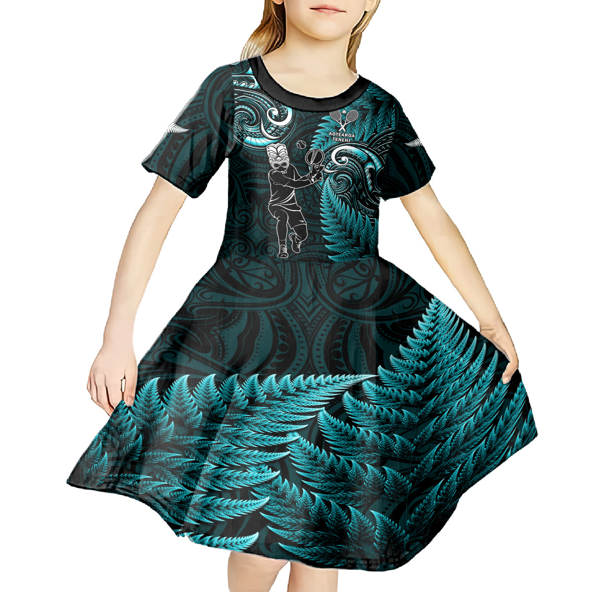 Custom New Zealand Tiki Tennis Kid Short Sleeve Dress 2024 Aotearoa Tenehi Maori Silver Fern - Turquoise