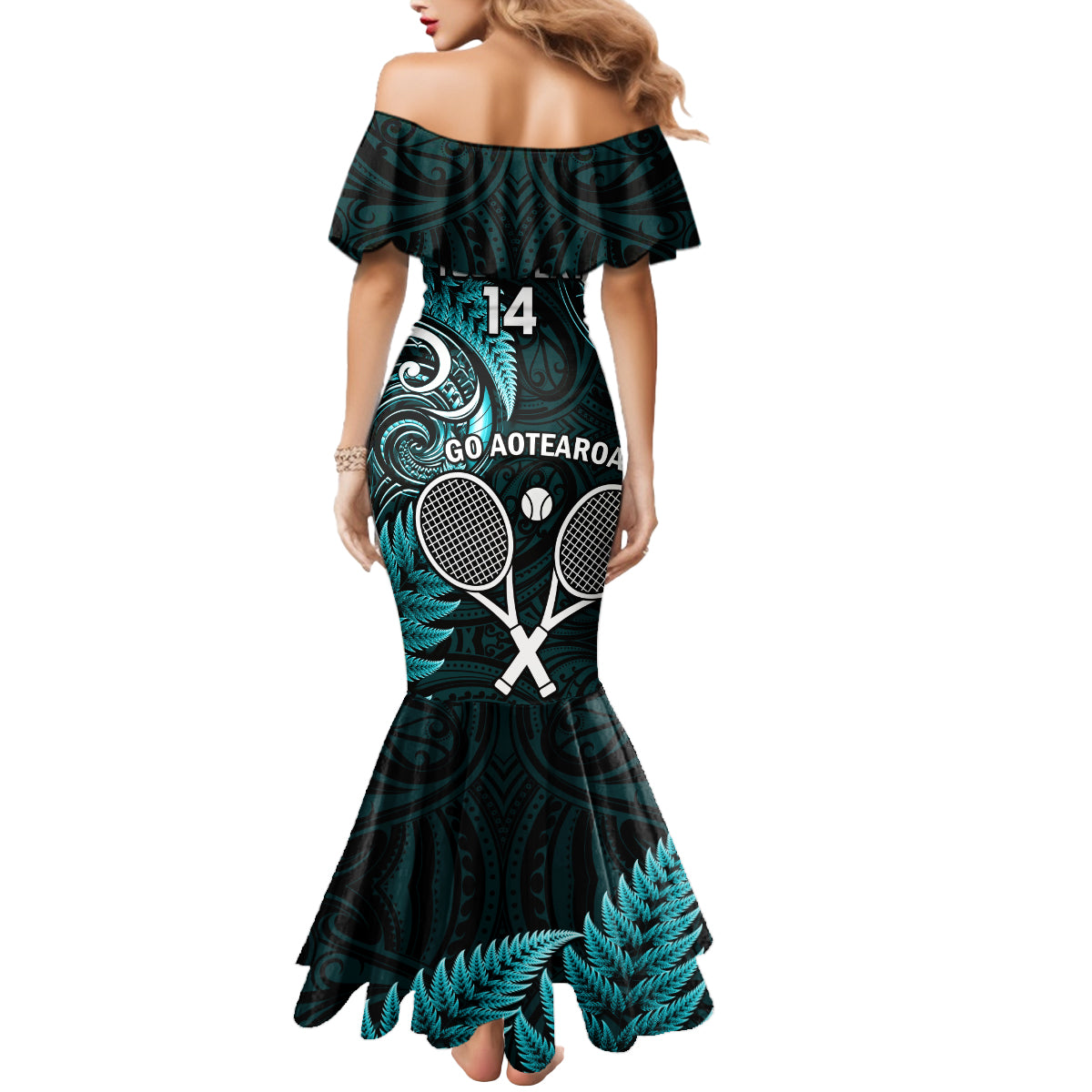 Custom New Zealand Tiki Tennis Mermaid Dress 2024 Aotearoa Tenehi Maori Silver Fern - Turquoise