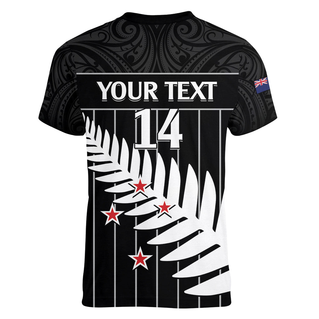 Custom New Zealand Silver Fern Cricket Women V-Neck T-Shirt Aotearoa Maori Go Black Cap