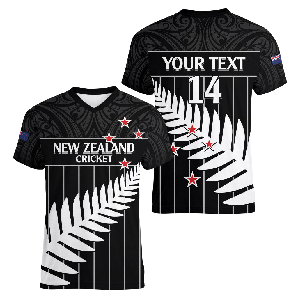 Custom New Zealand Silver Fern Cricket Women V-Neck T-Shirt Aotearoa Maori Go Black Cap