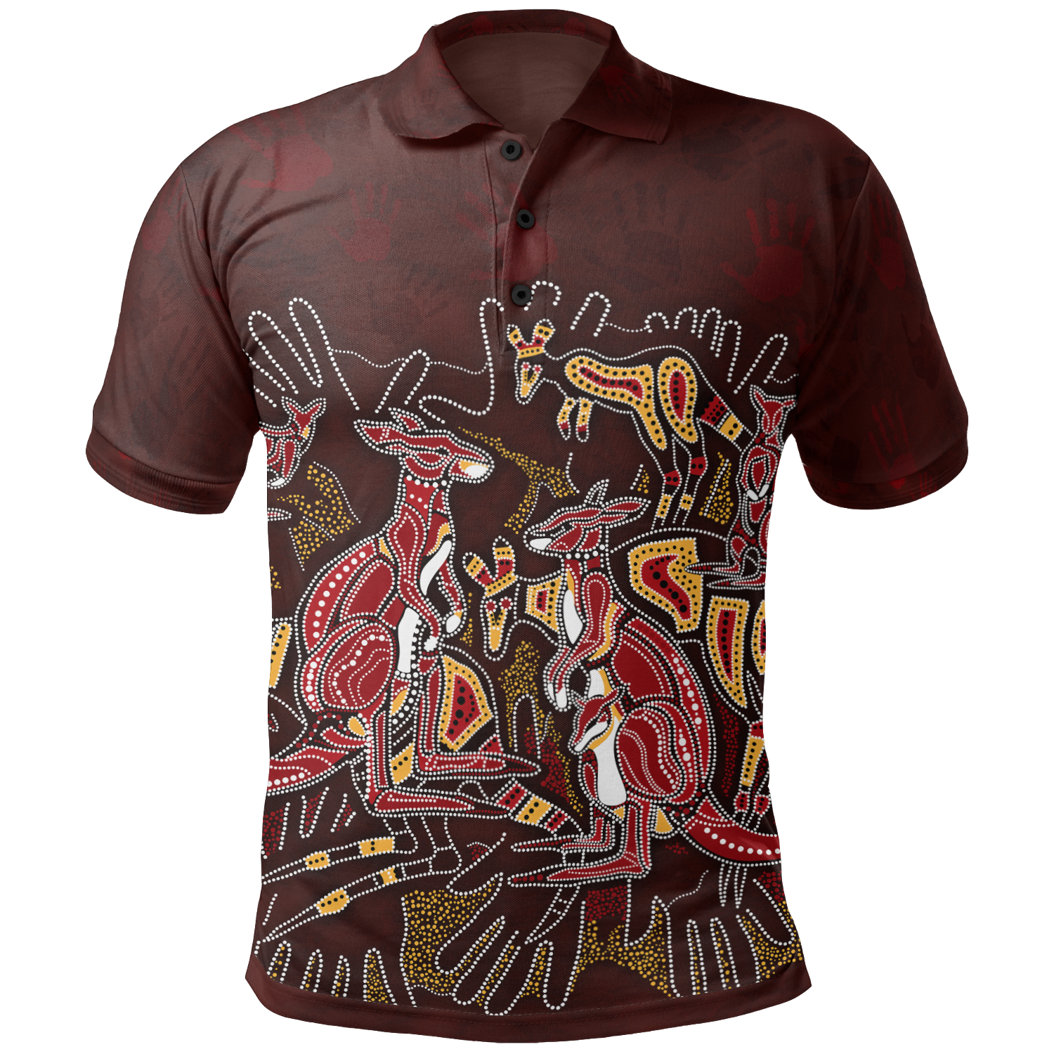 aboriginal-polo-shirts-kangaroo-family-with-hand-art