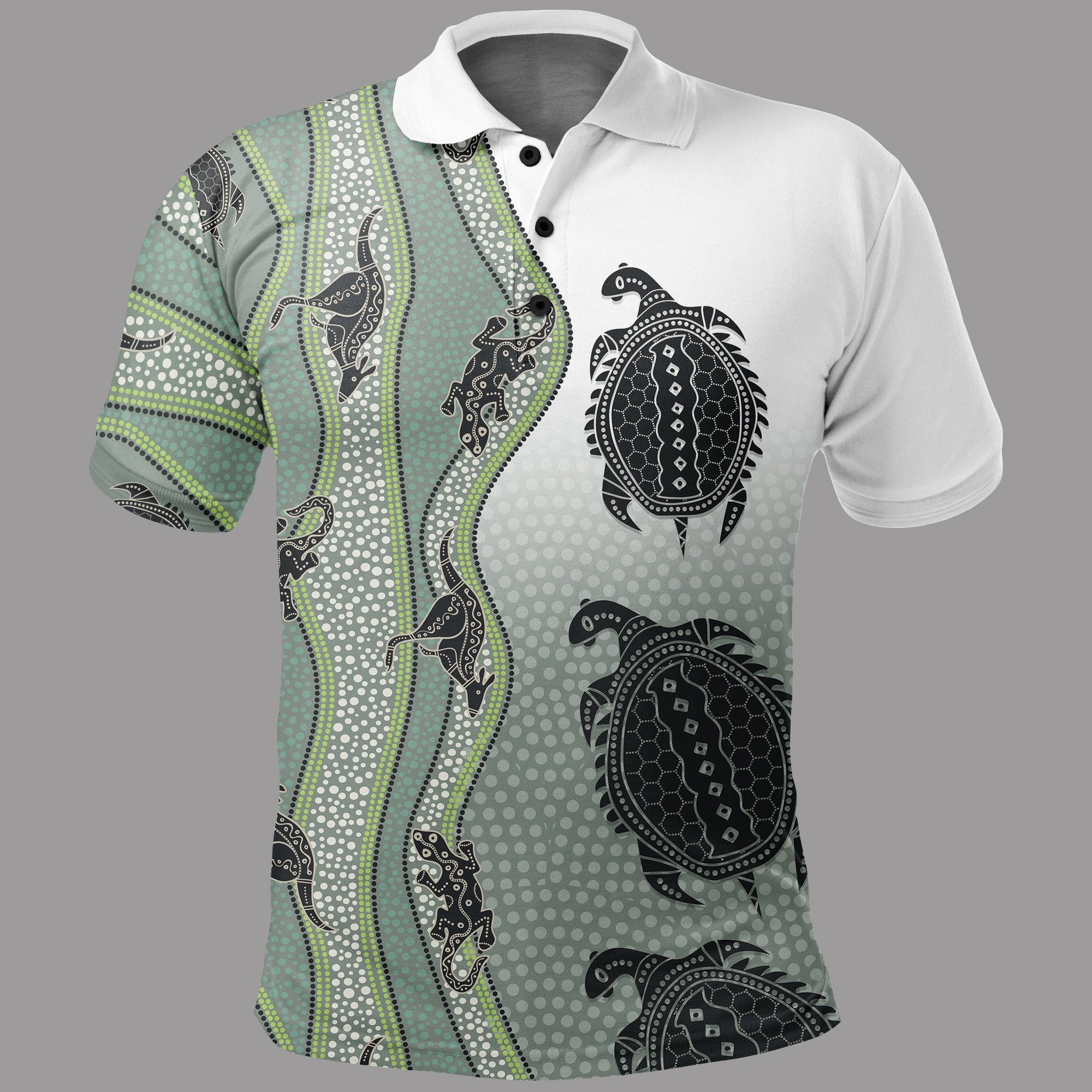 polo-shirt-aboriginal-with-kangaroo-lizard-turtle-and-dotted-crooked-stripes-pattern
