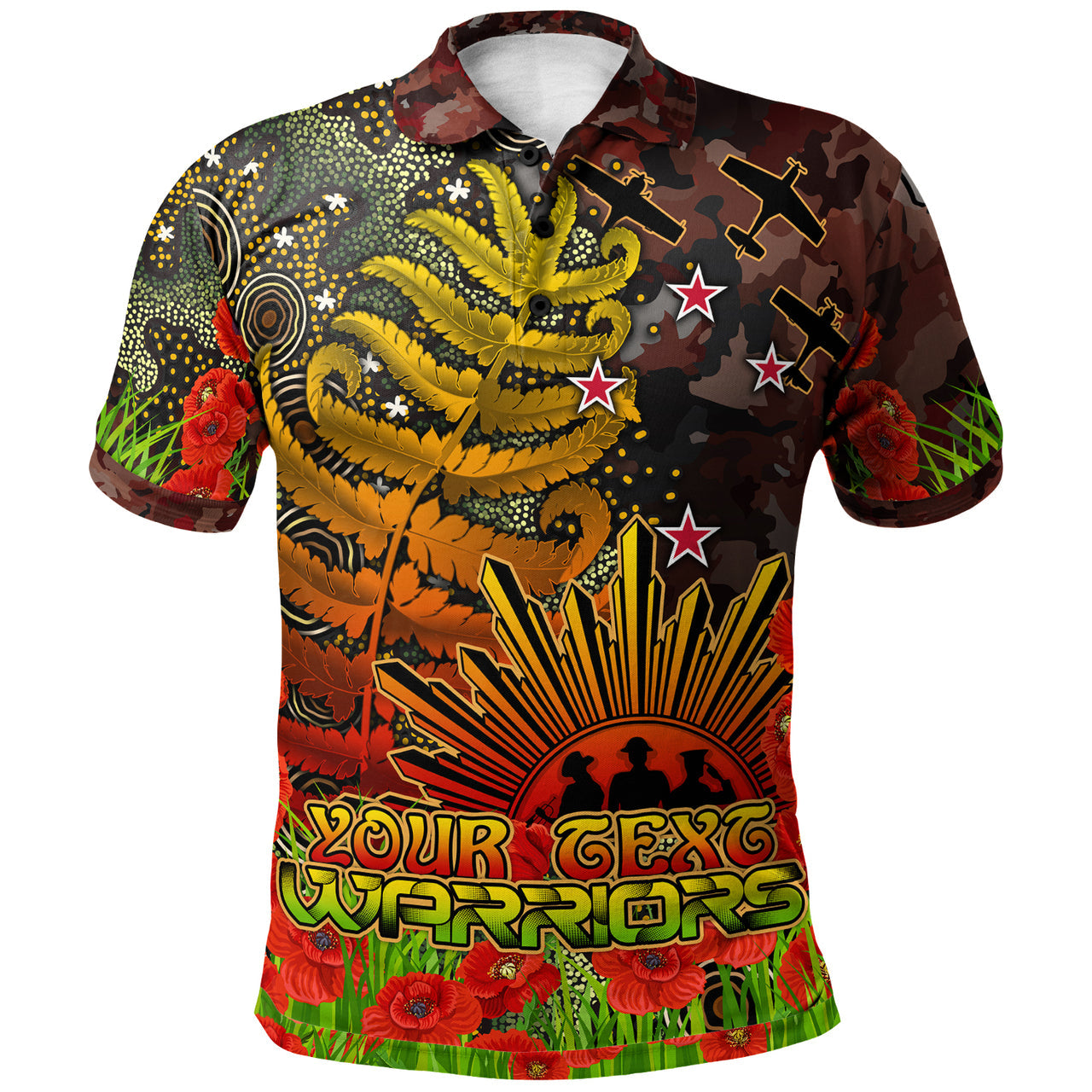 warriors-rugby-polo-shirt-custom-anzac-warriors-with-remembrance-poppy-and-indigenous-patterns-polo-shirt