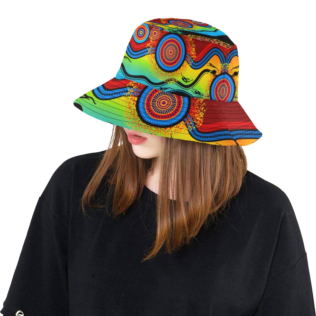 aboriginal-bucket-hat-dot-painting-indigenous-circle-patterns-blue-dream-all-over-print-bucket-hat