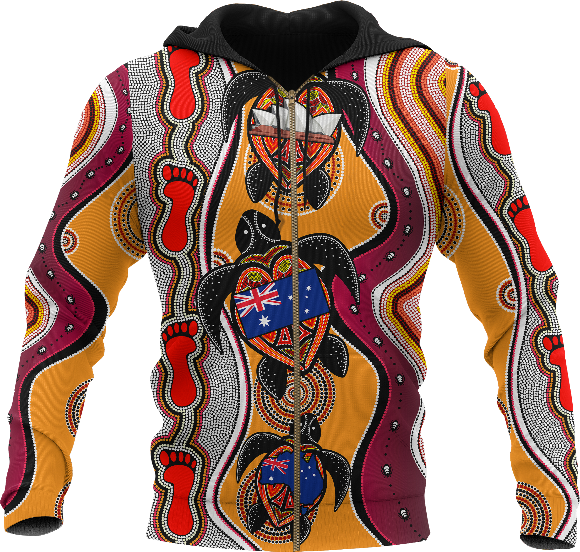 aboriginal-zip-up-hoodie-turtle-patterns-aus-flag-footprint-dot-painting