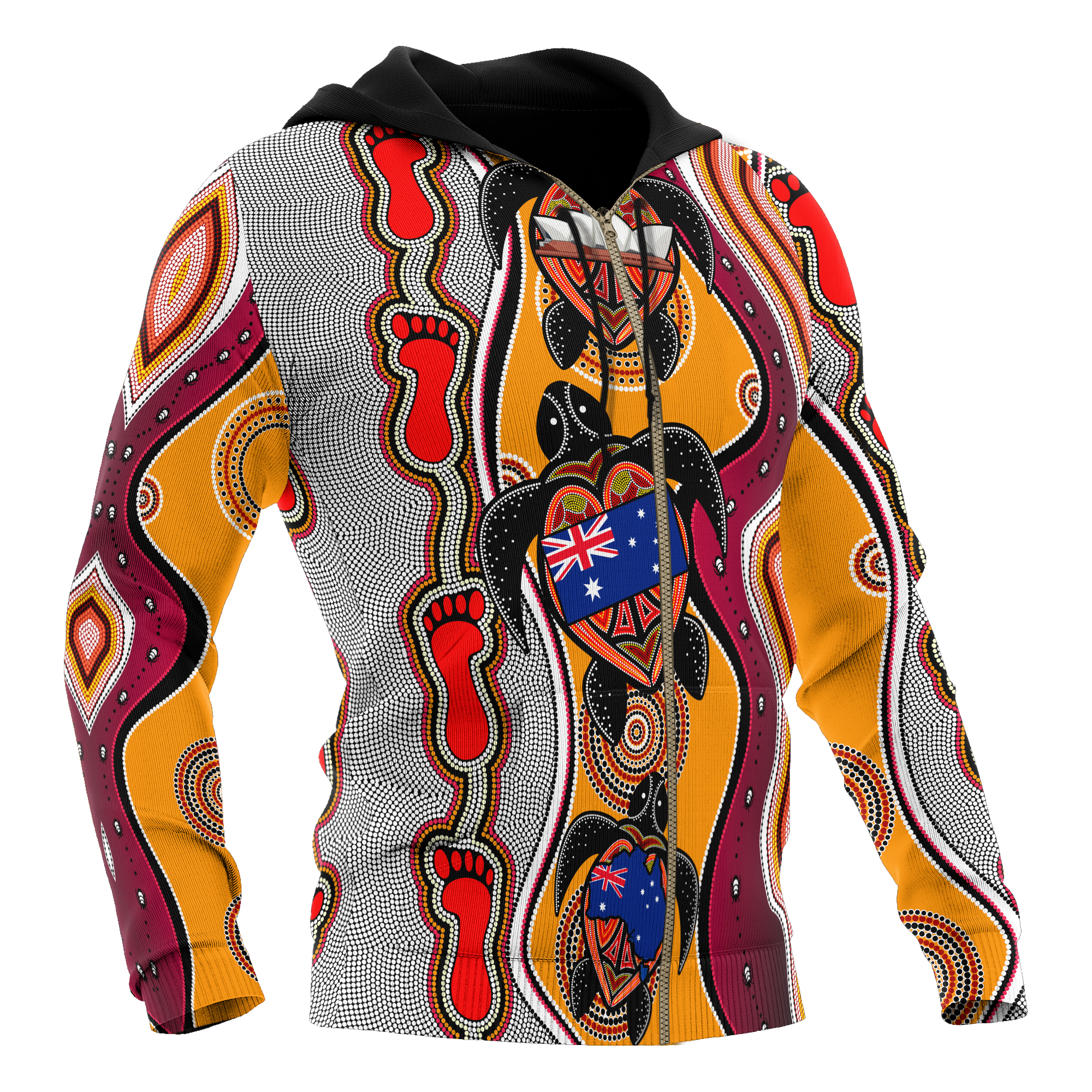aboriginal-zip-up-hoodie-turtle-patterns-aus-flag-footprint-dot-painting