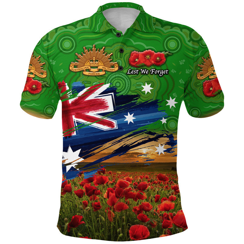 custom-personalised-australia-aboriginal-anzac-polo-shirt-poppy-vibes-green