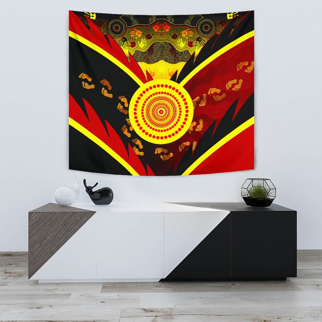 aboriginal-tapestry-indigenous-flag-with-footprint-hand-art