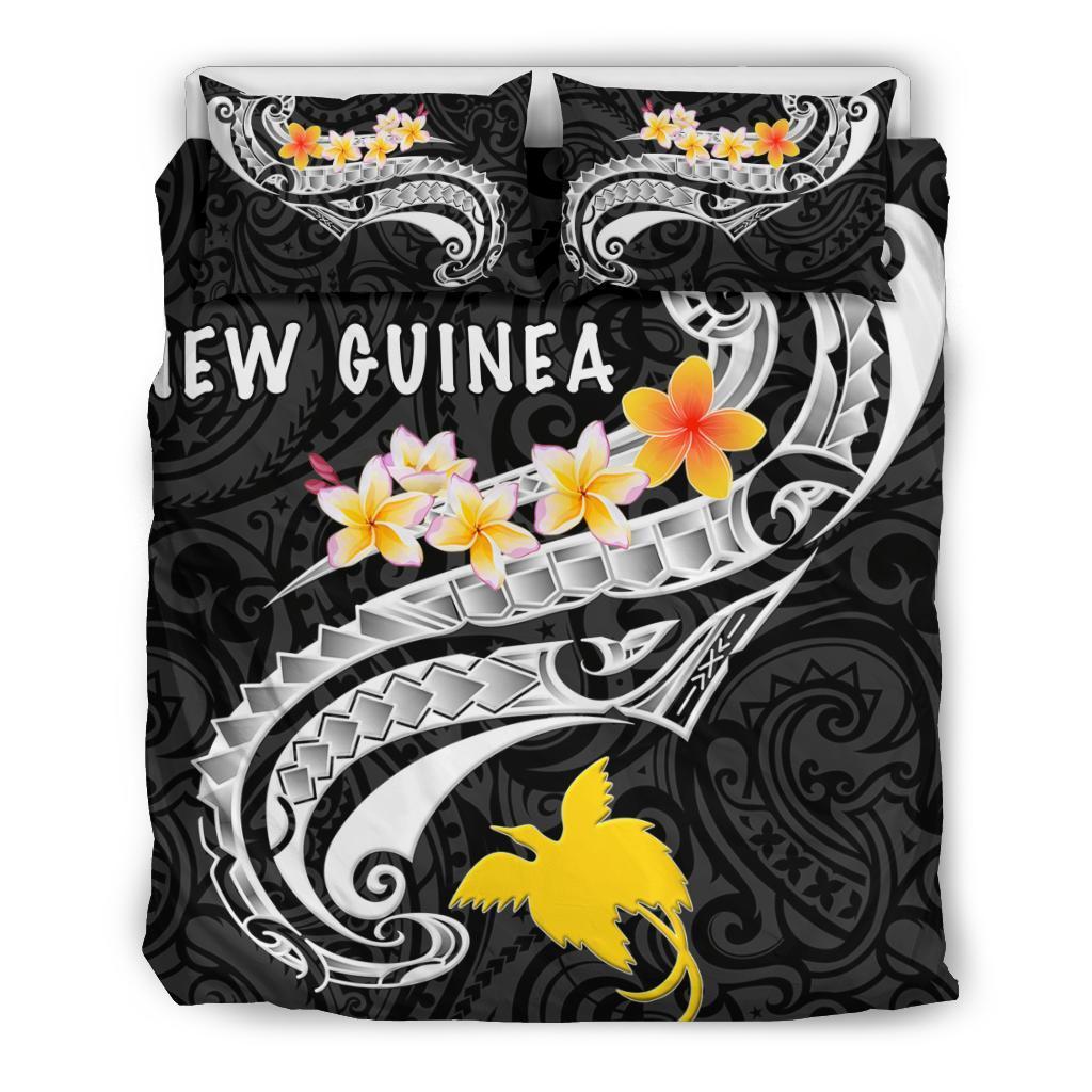 papua-new-guinea-bedding-set-png-seal-polynesian-patterns-plumeria-black