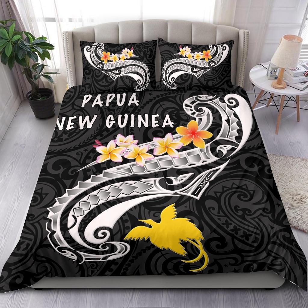 papua-new-guinea-bedding-set-png-seal-polynesian-patterns-plumeria-black