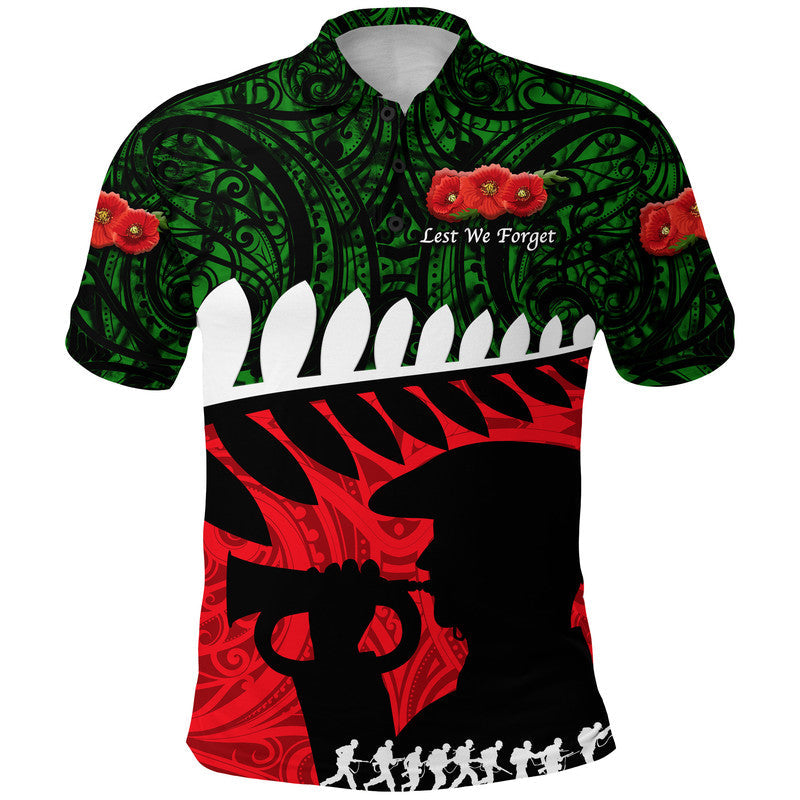 custom-personalised-new-zealand-maori-anzac-polo-shirt-remembrance-soldier-green